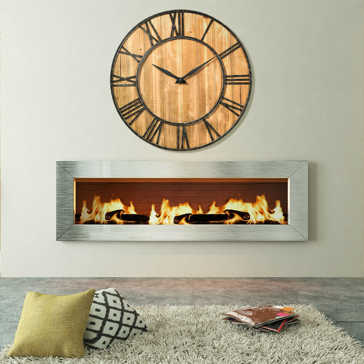 27 Inch Round Wall Clock, Wooden Silent, Battery, Brown Outdoor Decor at Gallery Canada