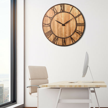 27 Inch Round Wall Clock, Wooden Silent, Battery, Brown Outdoor Decor at Gallery Canada