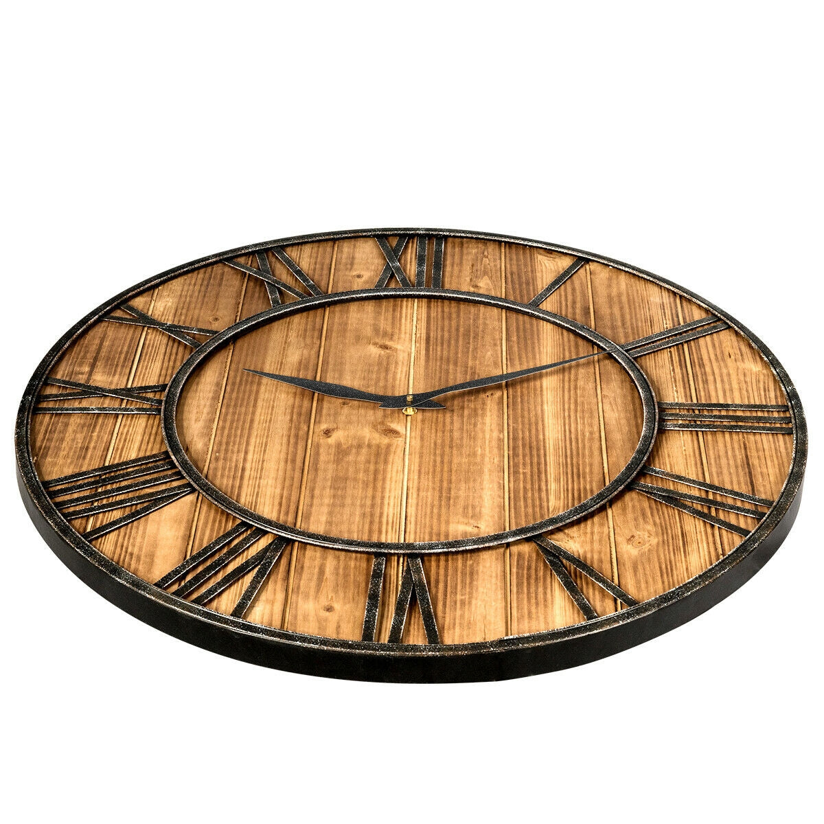 27 Inch Round Wall Clock, Wooden Silent, Battery, Brown Outdoor Decor at Gallery Canada
