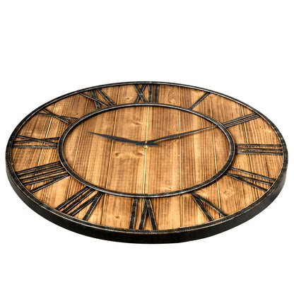 27 Inch Round Wall Clock, Wooden Silent, Battery, Brown Outdoor Decor at Gallery Canada