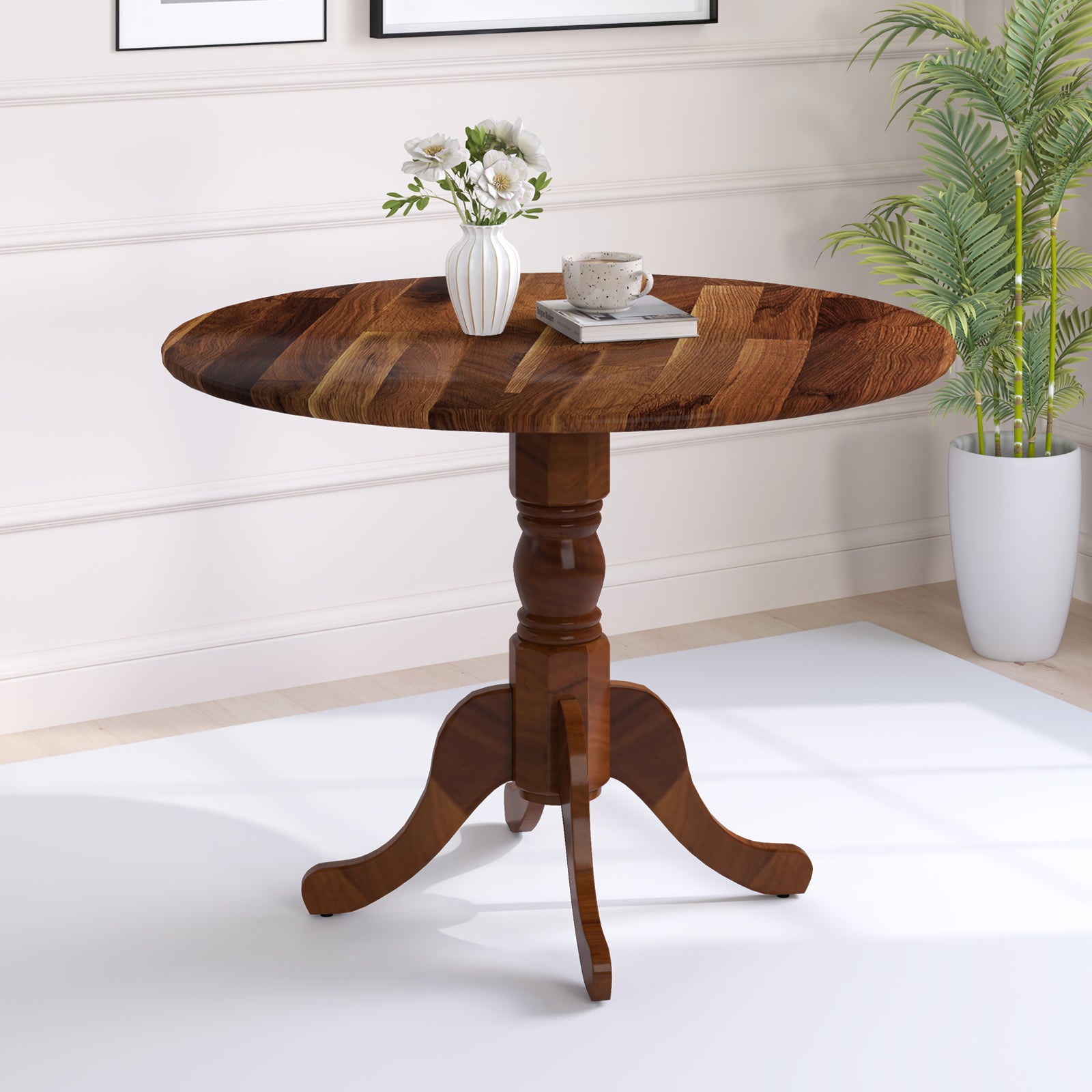 Wooden Dining Table with Round Tabletop and Curved Trestle Legs, Walnut Dining Tables at Gallery Canada