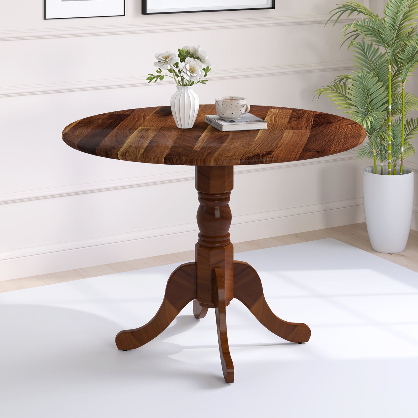Wooden Dining Table with Round Tabletop and Curved Trestle Legs, Walnut Dining Tables at Gallery Canada