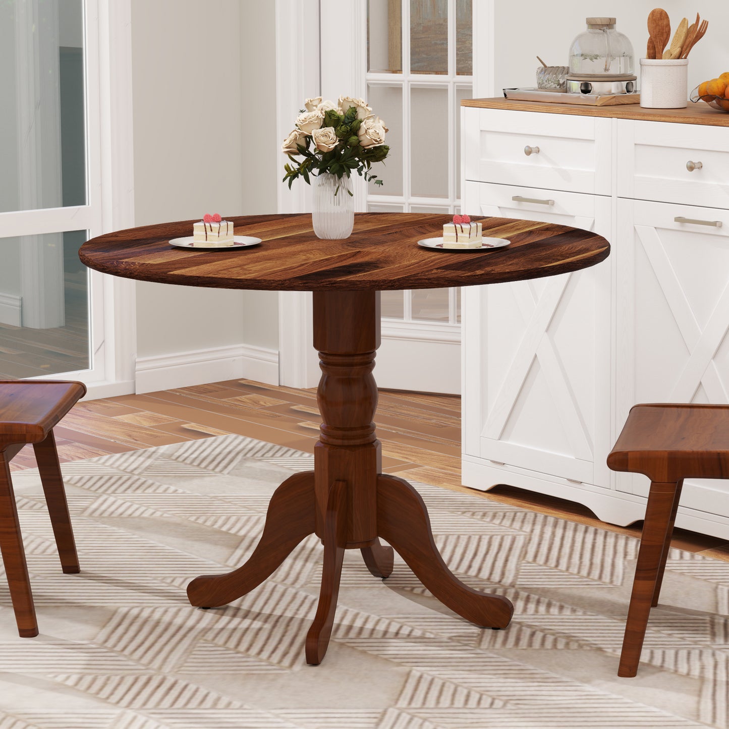Wooden Dining Table with Round Tabletop and Curved Trestle Legs, Walnut Dining Tables at Gallery Canada