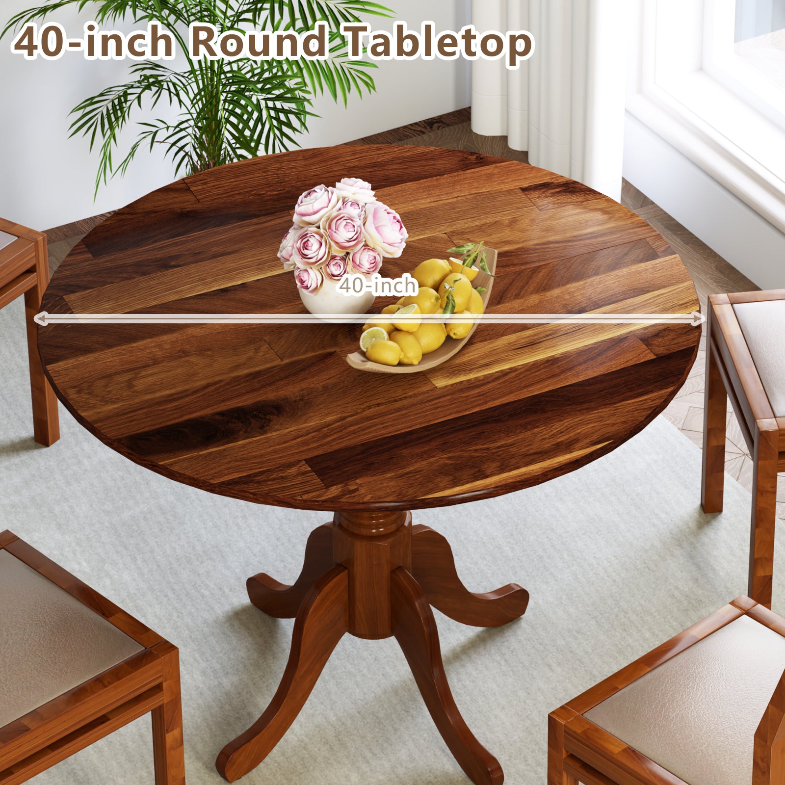 Wooden Dining Table with Round Tabletop and Curved Trestle Legs, Walnut Dining Tables at Gallery Canada