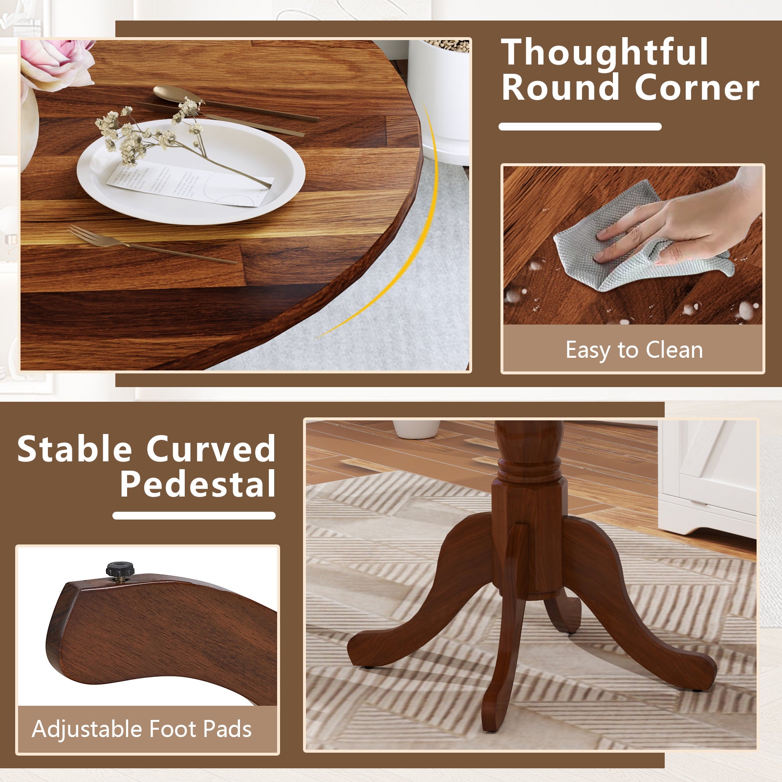 Wooden Dining Table with Round Tabletop and Curved Trestle Legs, Walnut Dining Tables at Gallery Canada