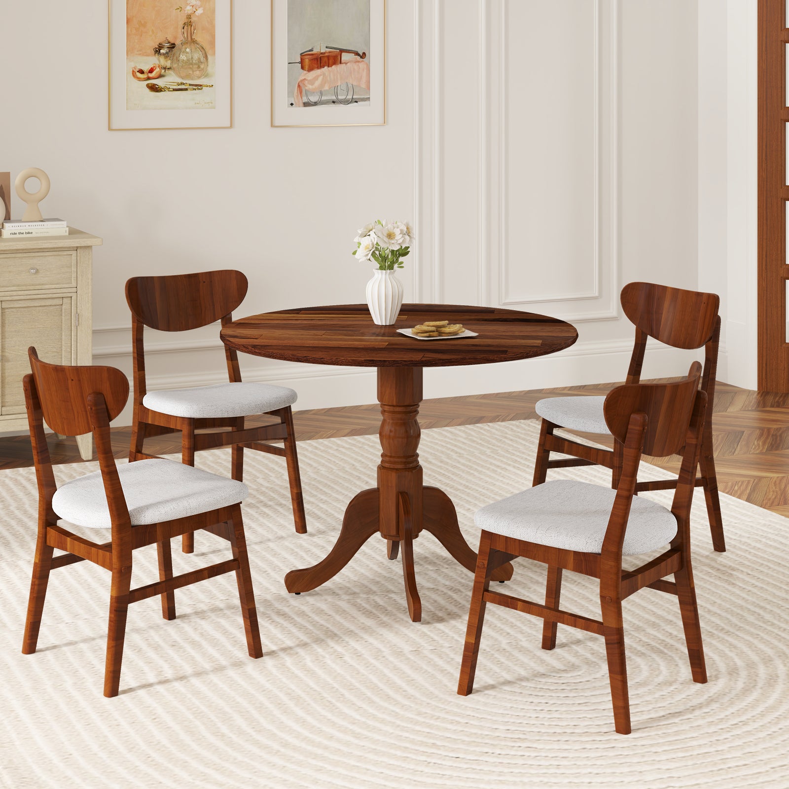 Wooden Dining Table with Round Tabletop and Curved Trestle Legs, Walnut Dining Tables at Gallery Canada