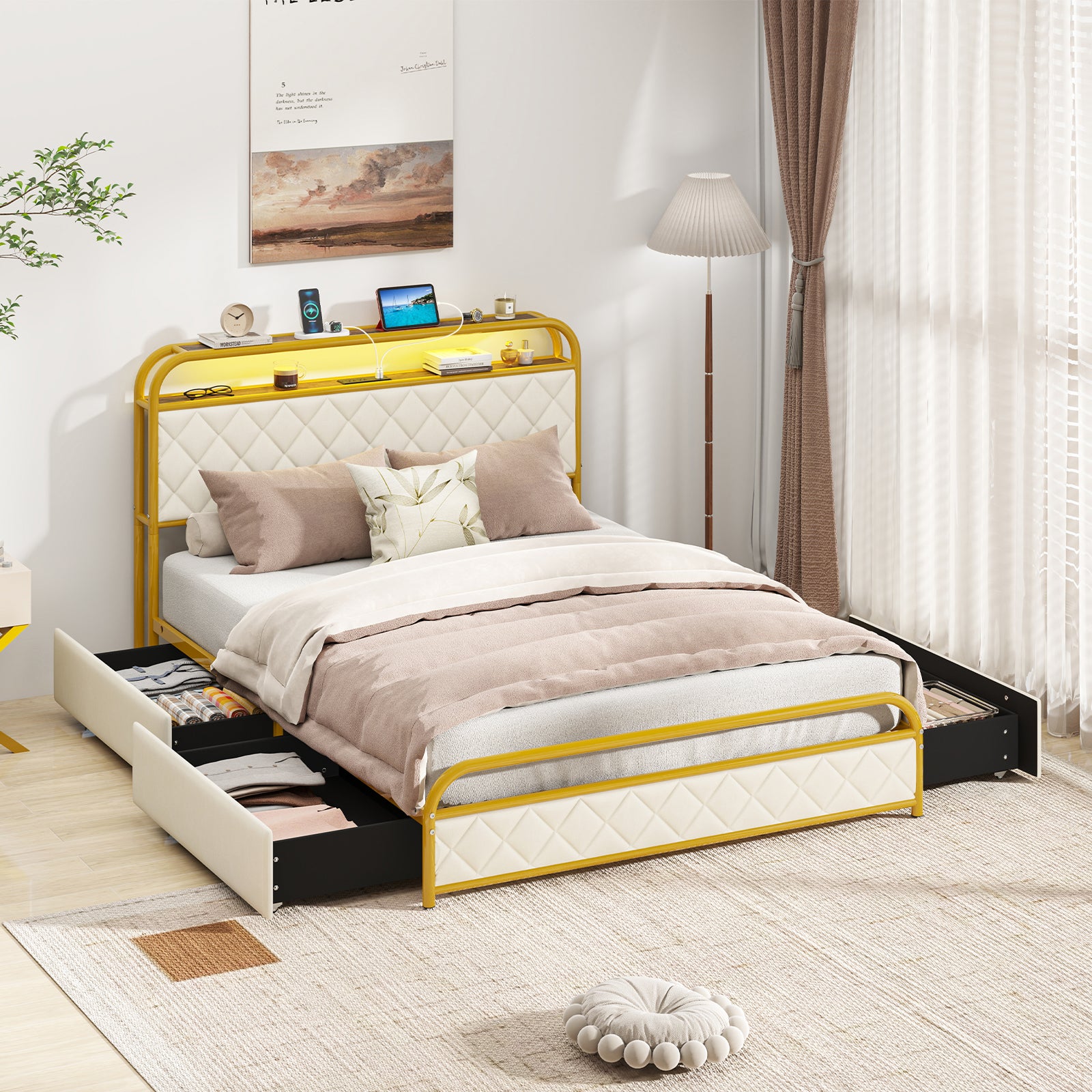 Twin/Full/Queen Size Bed Frame with LED Lights and Charging Station Gold-Full Size, Golden Trundle Bed Frame at Gallery Canada