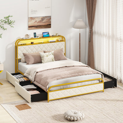Twin/Full/Queen Size Bed Frame with LED Lights and Charging Station Gold-Full Size, Golden Trundle Bed Frame at Gallery Canada