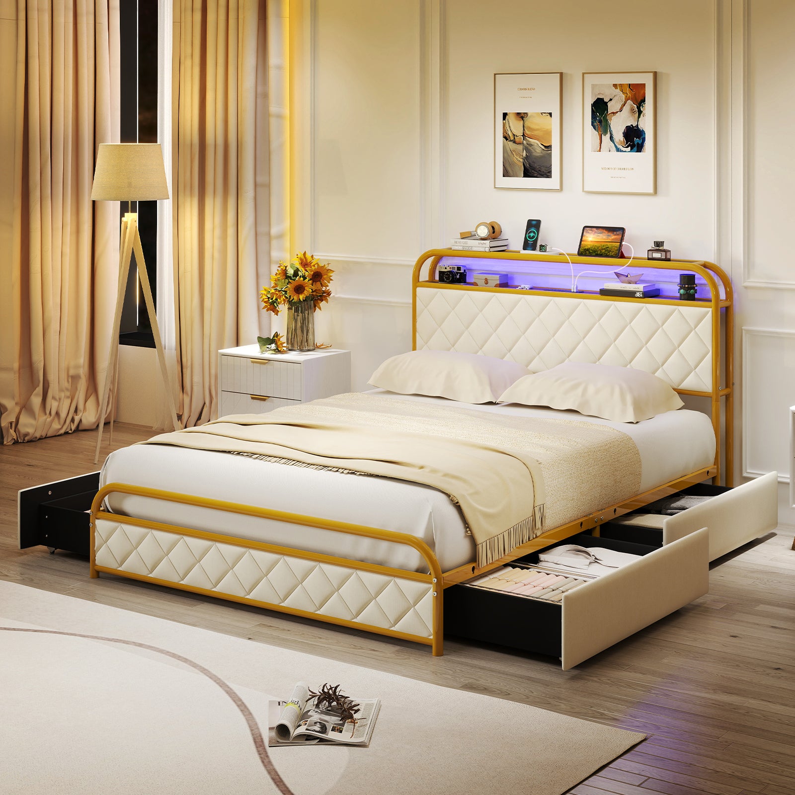 Twin/Full/Queen Size Bed Frame with LED Lights and Charging Station Gold-Full Size, Golden Trundle Bed Frame at Gallery Canada
