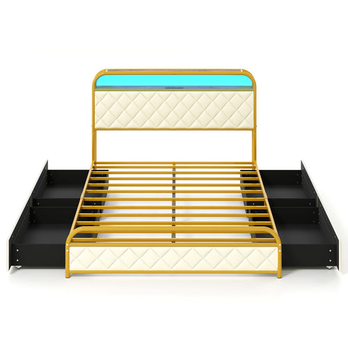 Twin/Full/Queen Size Bed Frame with LED Lights and Charging Station Gold-Full Size, Golden