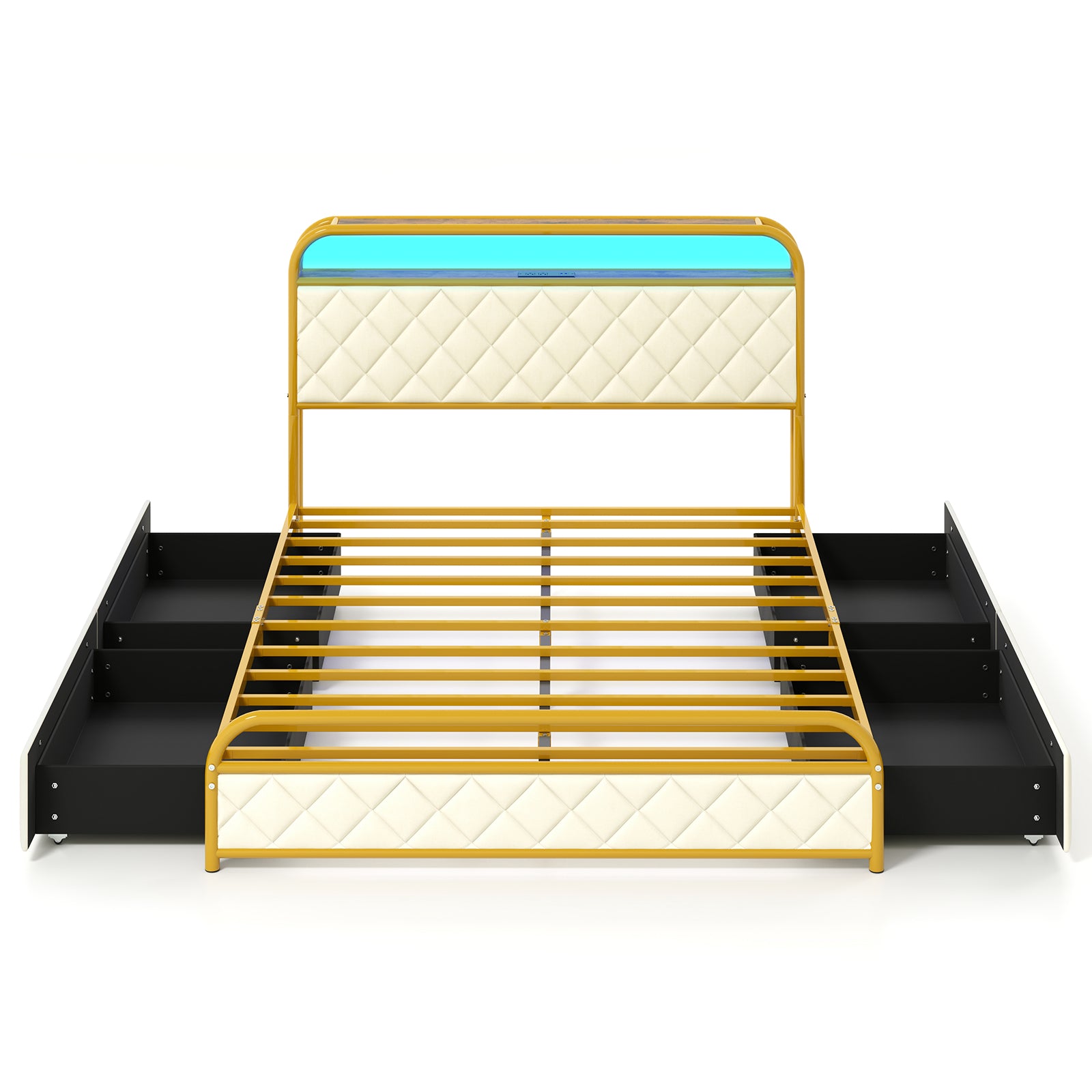 Full Size Bed Frame With LED Lights, Charging Station, Golden Trundle Bed Frame Golden at Gallery Canada