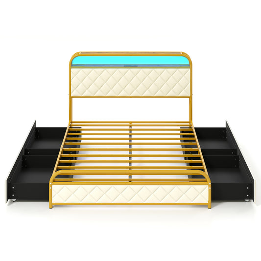 Full Size Bed Frame With LED Lights, Charging Station, Golden