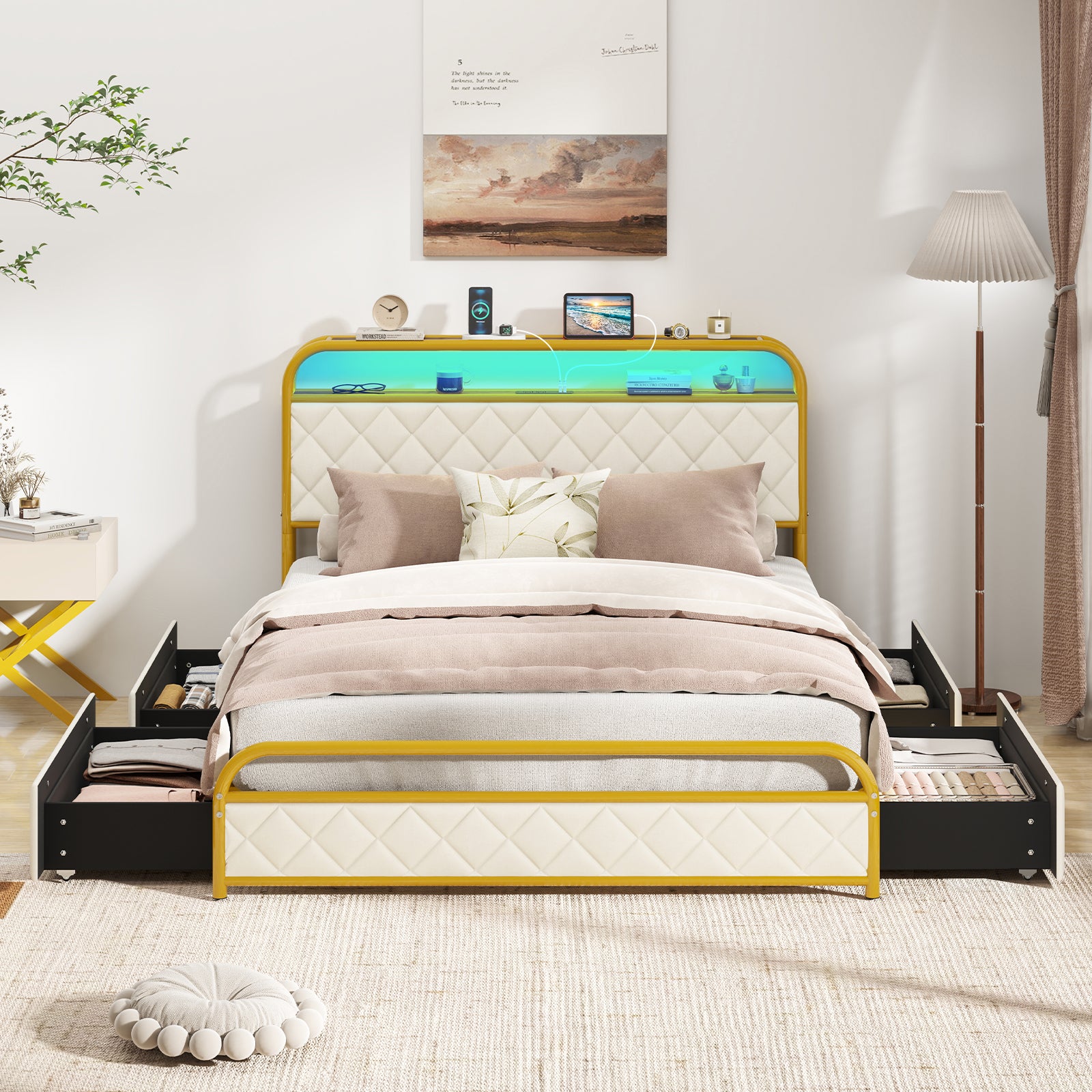 Twin/Full/Queen Size Bed Frame with LED Lights and Charging Station Gold-Full Size, Golden Trundle Bed Frame at Gallery Canada