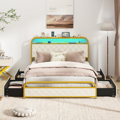 Twin/Full/Queen Size Bed Frame with LED Lights and Charging Station Gold-Full Size, Golden Trundle Bed Frame at Gallery Canada