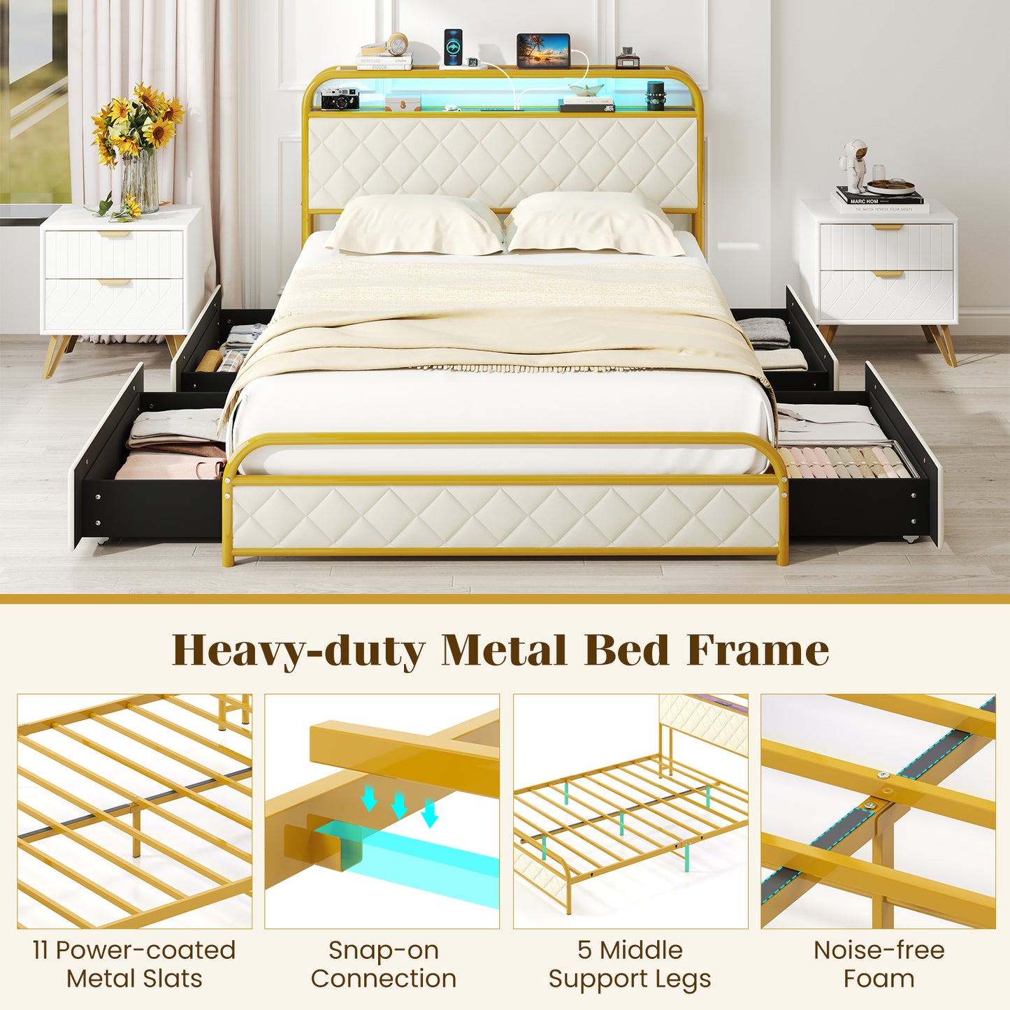 Twin/Full/Queen Size Bed Frame with LED Lights and Charging Station Gold-Full Size, Golden Trundle Bed Frame at Gallery Canada