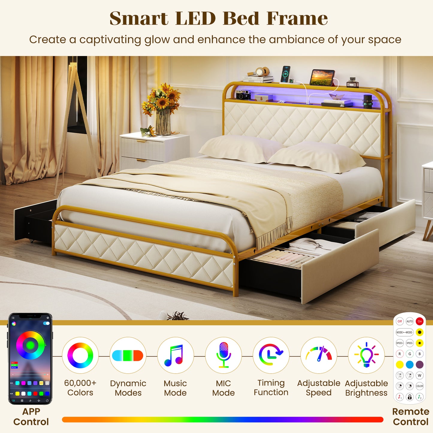 Twin/Full/Queen Size Bed Frame with LED Lights and Charging Station Gold-Full Size, Golden Trundle Bed Frame at Gallery Canada