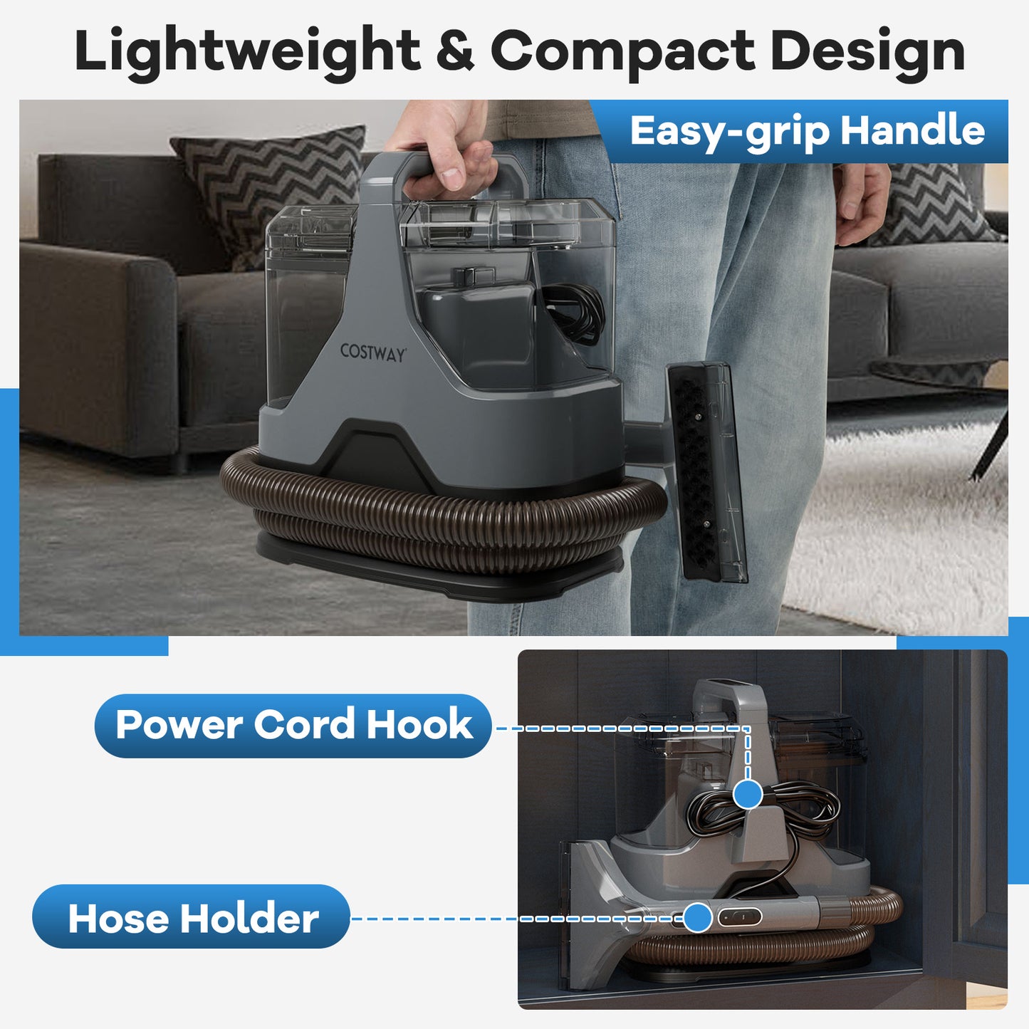 600W Upholstery Cleaner Machine with 15Kpa Powerful Suction and Versatile Attachments, Gray Vacuums & Cleaners at Gallery Canada