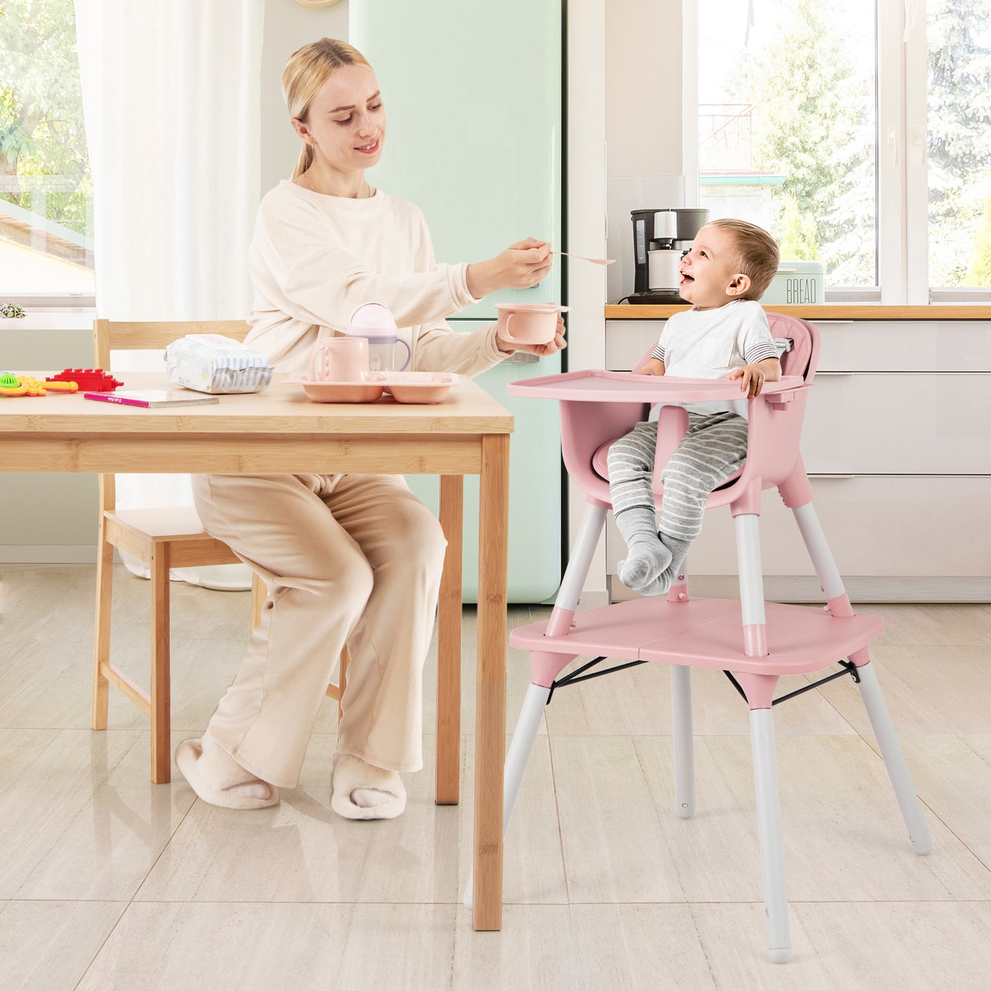 4-in-1 Baby Convertible Toddler Table Chair Set with PU Cushion, Pink High Chairs at Gallery Canada
