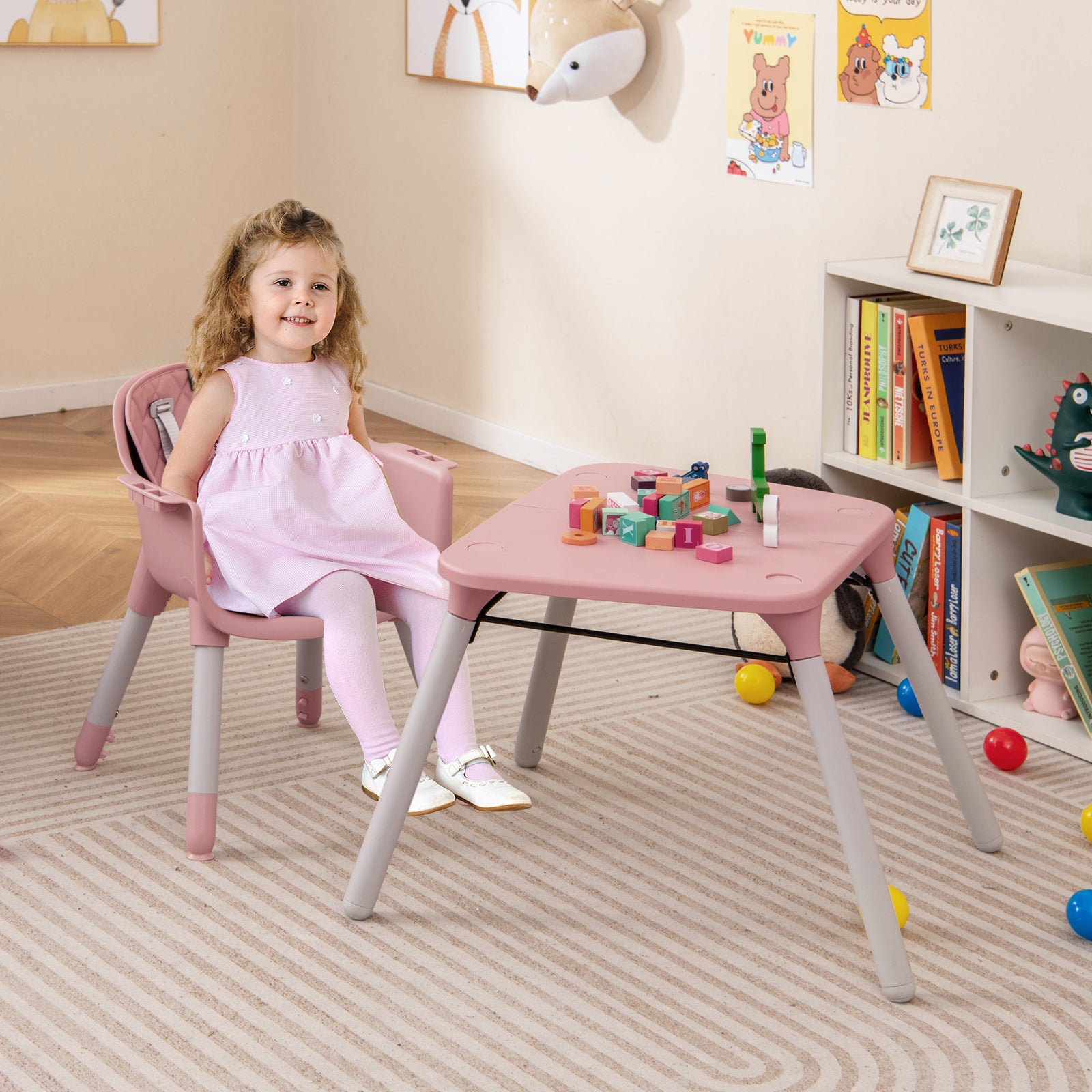 4-in-1 Baby Convertible Toddler Table Chair Set with PU Cushion, Pink High Chairs at Gallery Canada