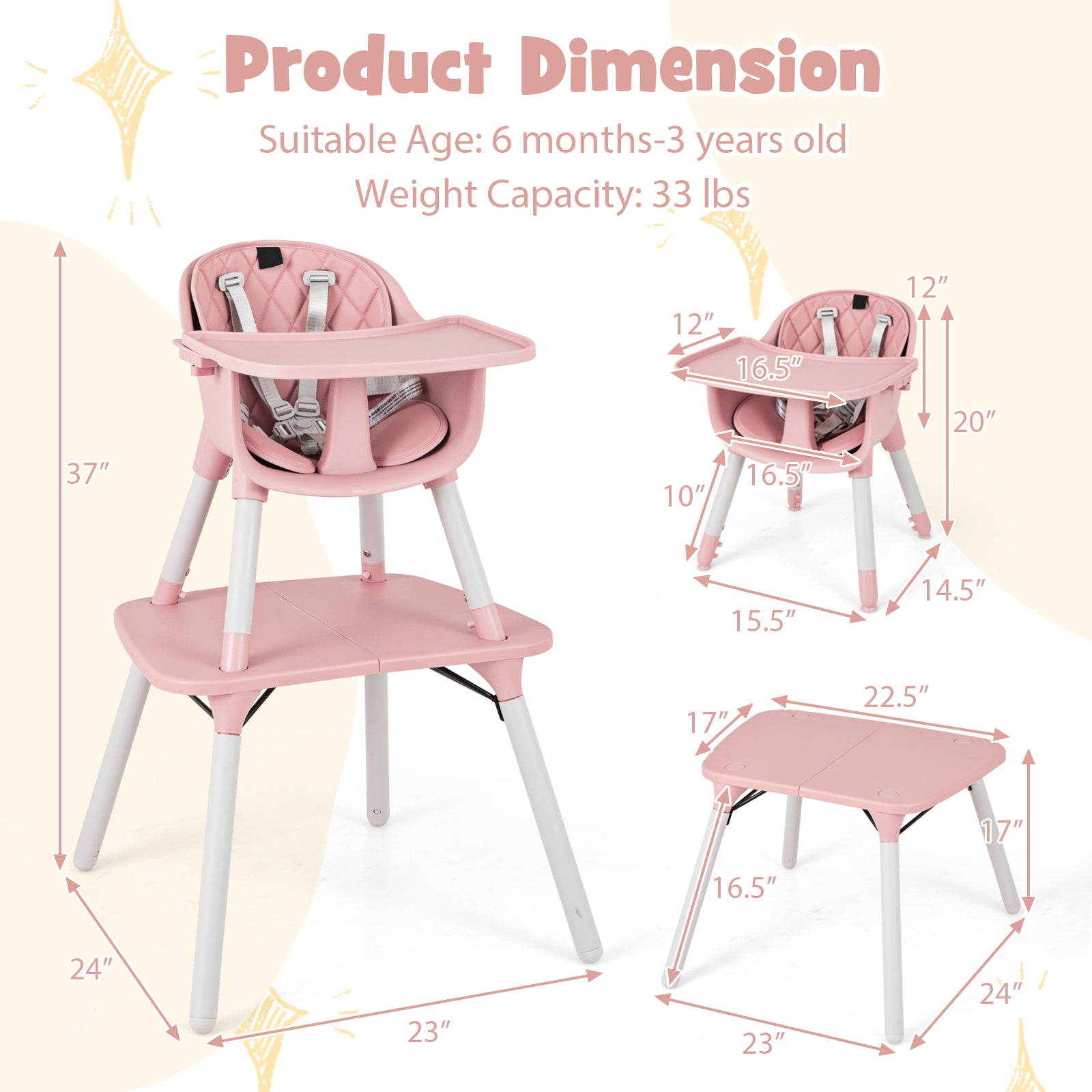 4-in-1 Baby Convertible Toddler Table Chair Set with PU Cushion, Pink High Chairs at Gallery Canada
