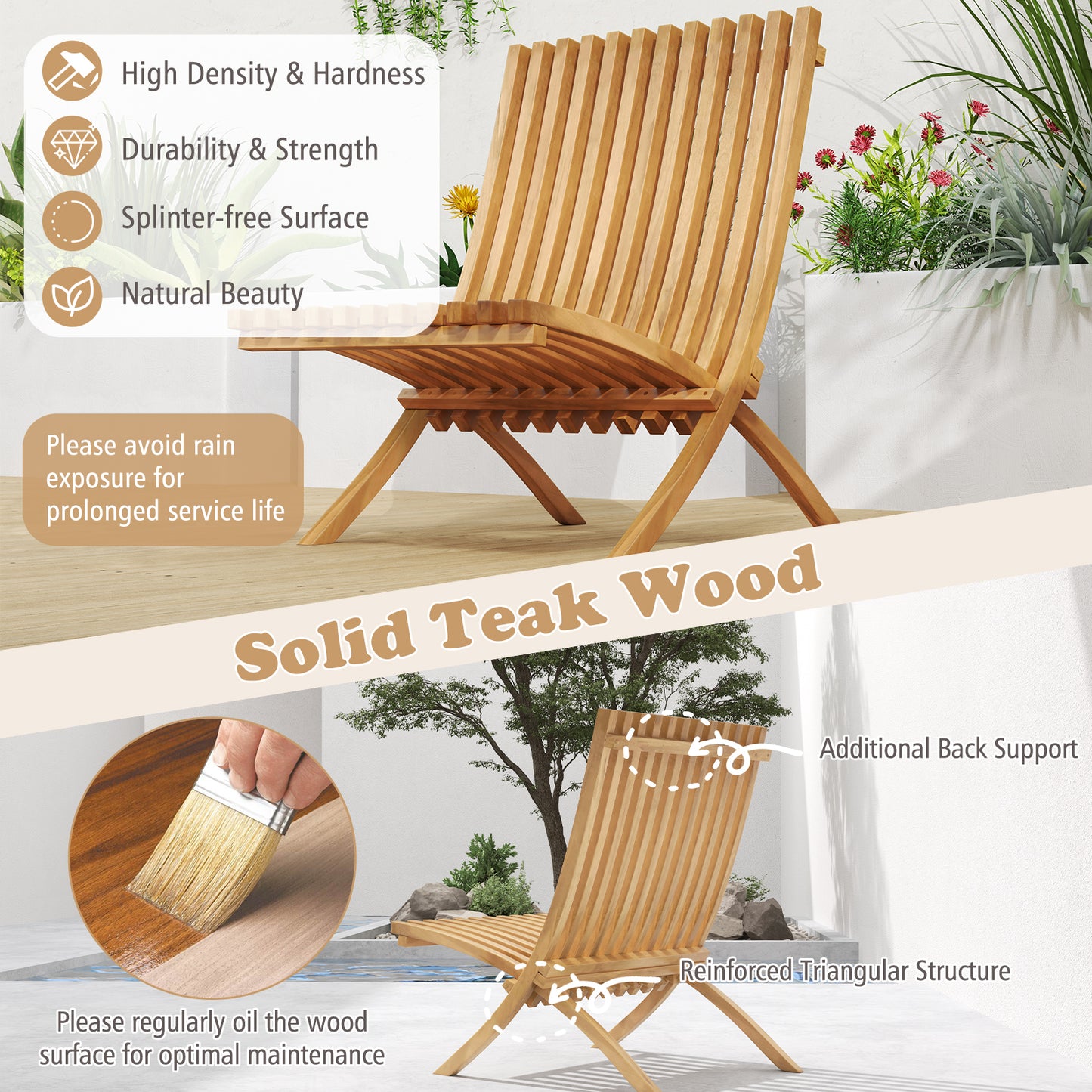 Folding Teak Wood Outdoor Lounge Chair with Slatted Seat and Backrest Patio Dining Chairs at Gallery Canada
