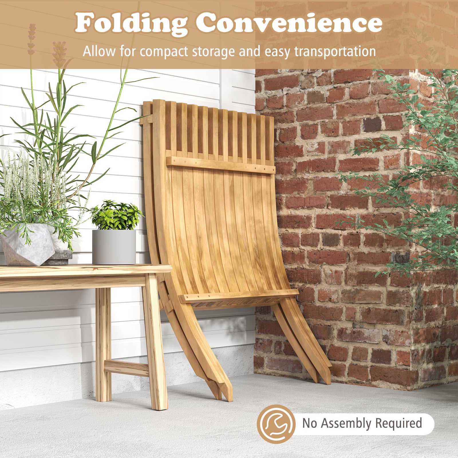 Folding Teak Wood Outdoor Lounge Chair with Slatted Seat and Backrest Patio Dining Chairs at Gallery Canada