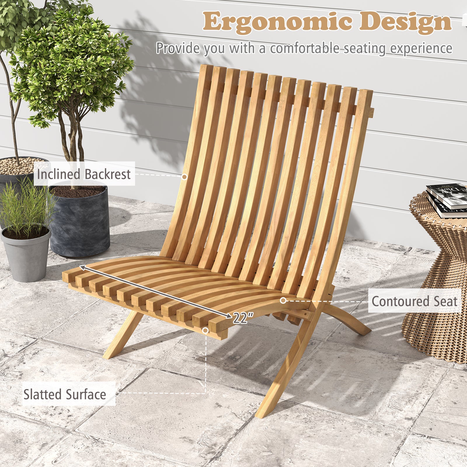 Folding Teak Wood Outdoor Lounge Chair with Slatted Seat and Backrest Patio Dining Chairs at Gallery Canada