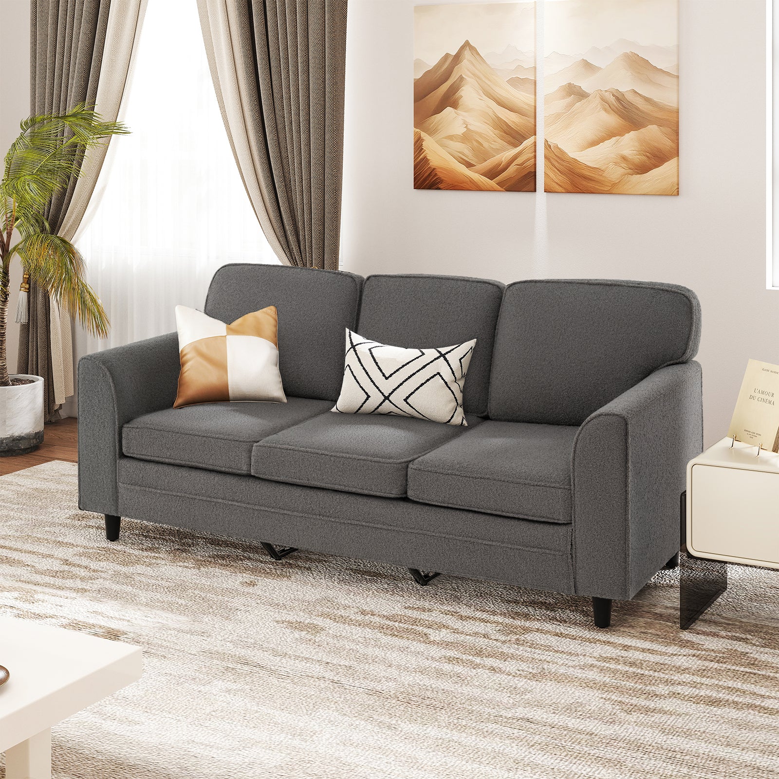 Upholstered Teddy Velvet 3-Seat Sofa with Comfy Back Pillows, Gray Sofas & Loveseats at Gallery Canada
