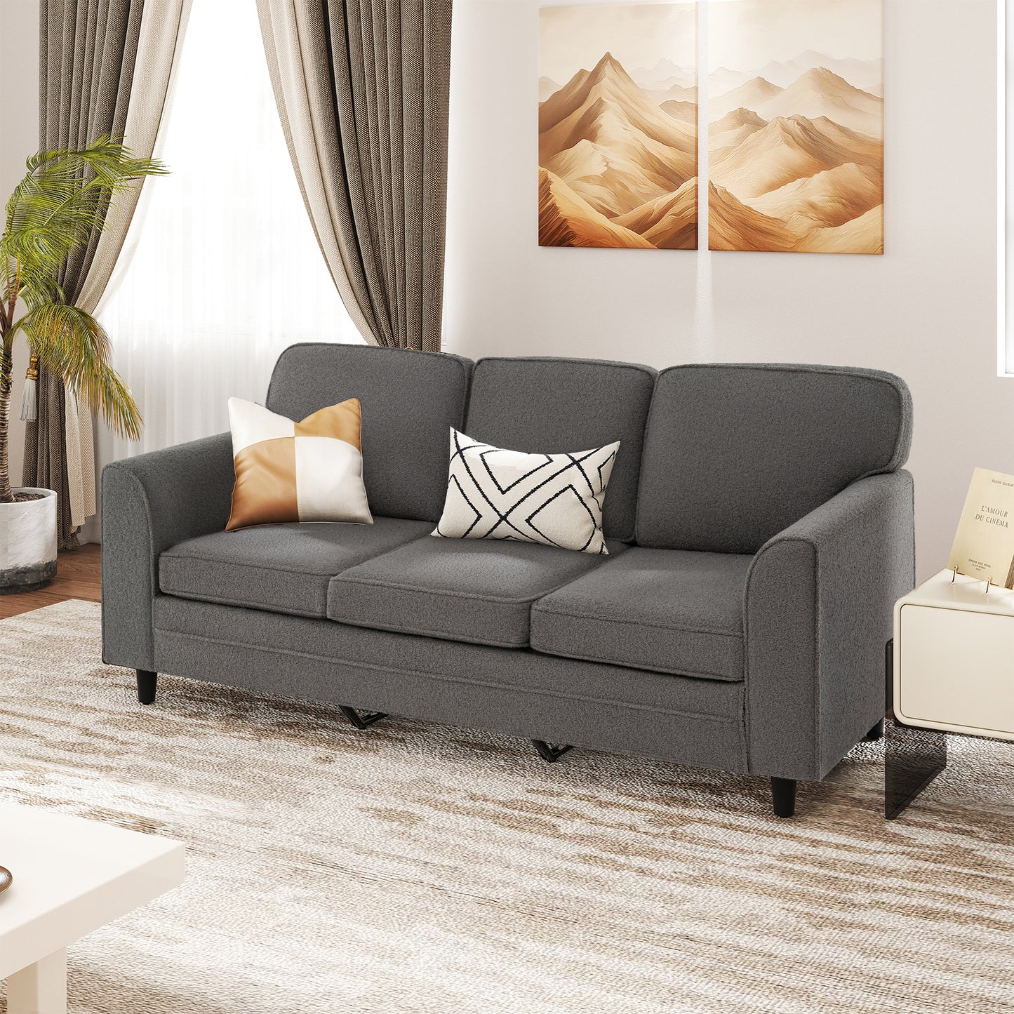 Upholstered Teddy Velvet 3-Seat Sofa with Comfy Back Pillows, Gray Sofas & Loveseats at Gallery Canada