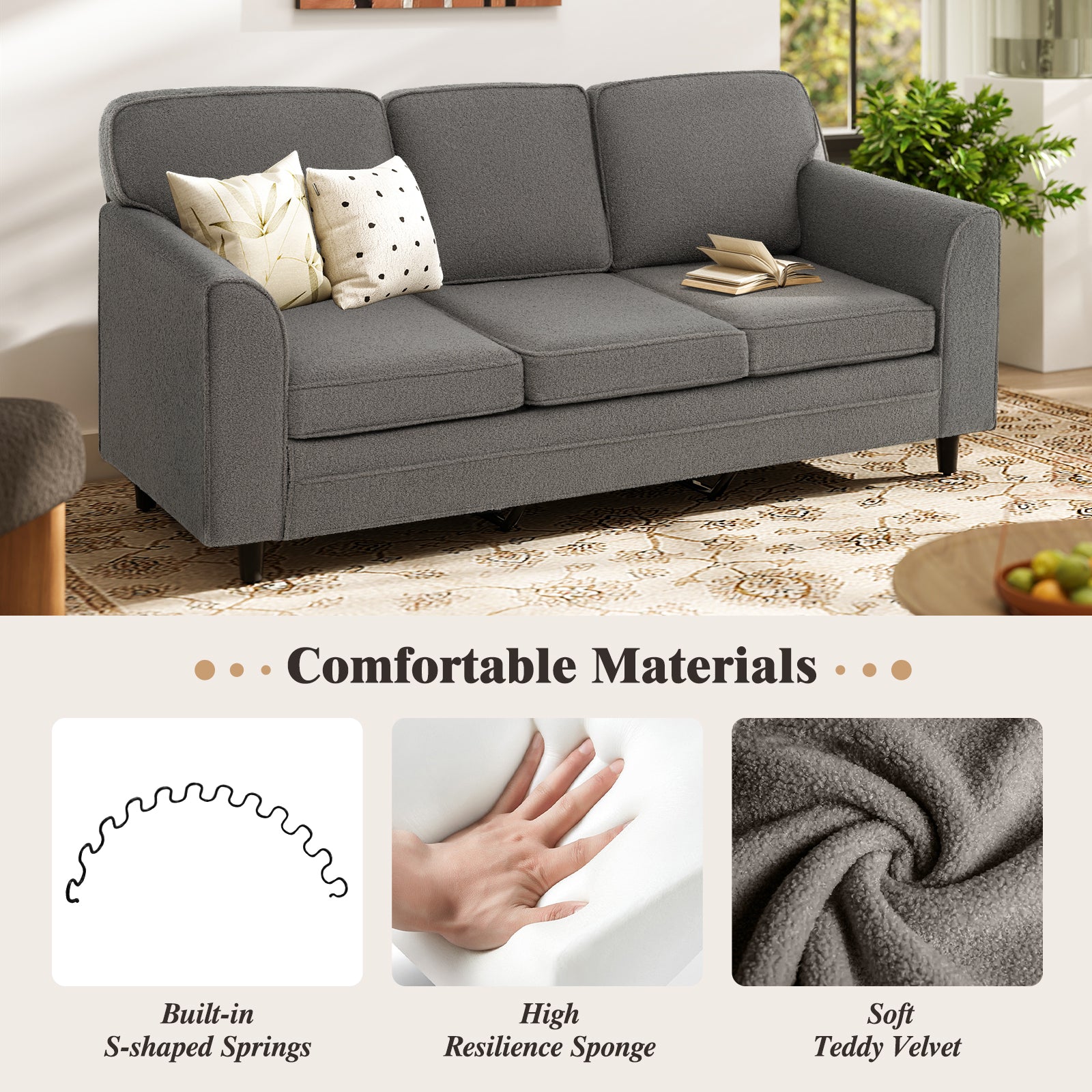 Upholstered Teddy Velvet 3-Seat Sofa with Comfy Back Pillows, Gray Sofas & Loveseats at Gallery Canada