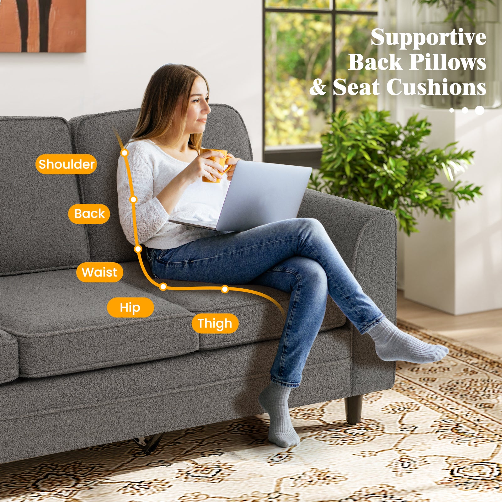 Upholstered Teddy Velvet 3-Seat Sofa with Comfy Back Pillows, Gray Sofas & Loveseats at Gallery Canada