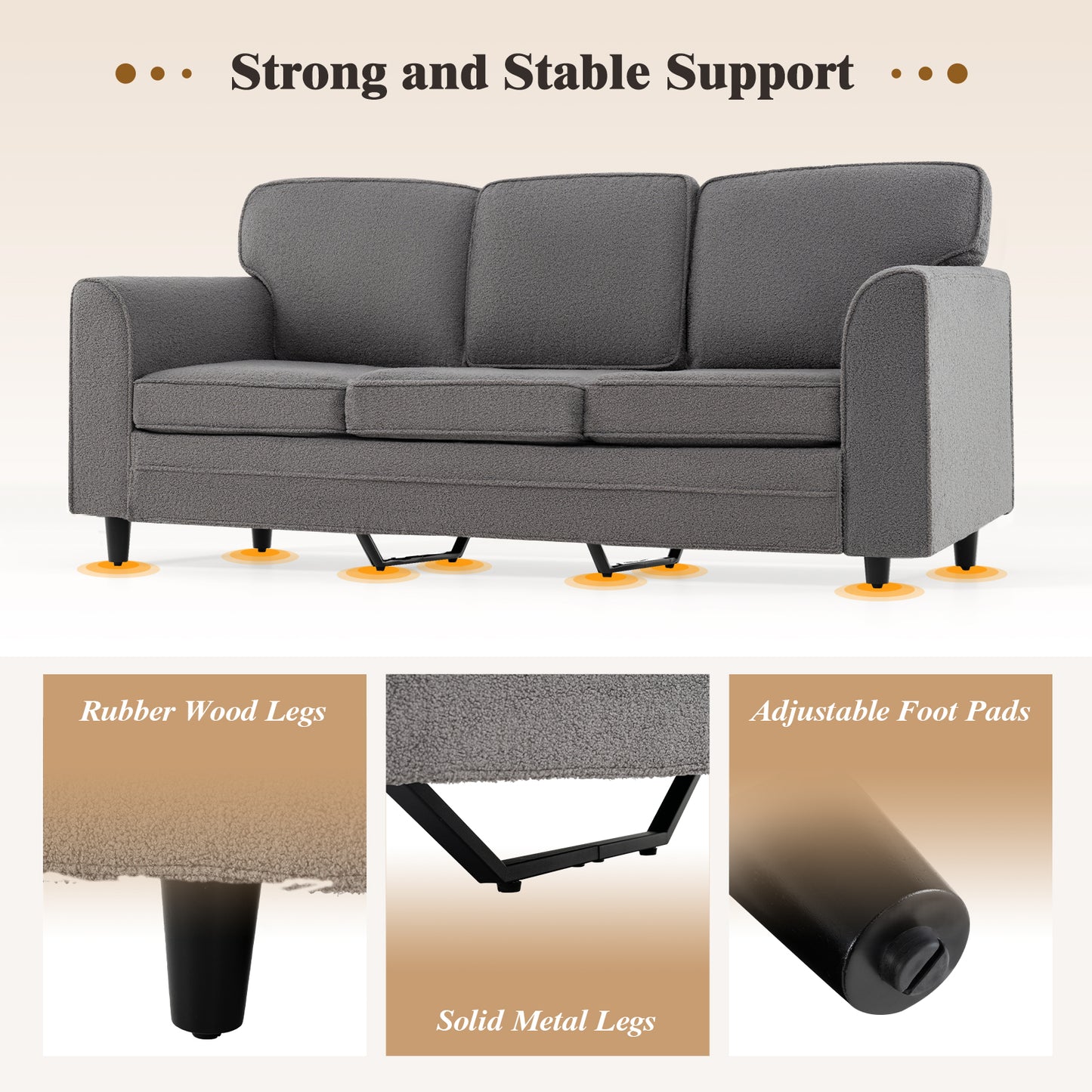 Upholstered Teddy Velvet 3-Seat Sofa with Comfy Back Pillows, Gray Sofas & Loveseats at Gallery Canada