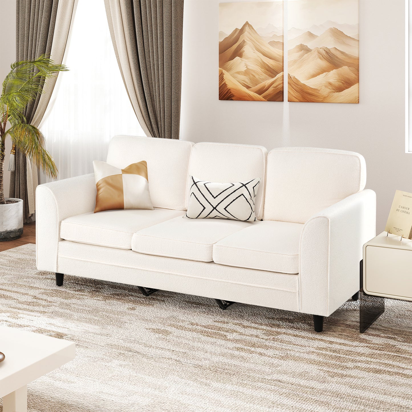Upholstered Teddy Velvet 3-Seat Sofa with Comfy Back Pillows, White Sofas & Loveseats at Gallery Canada