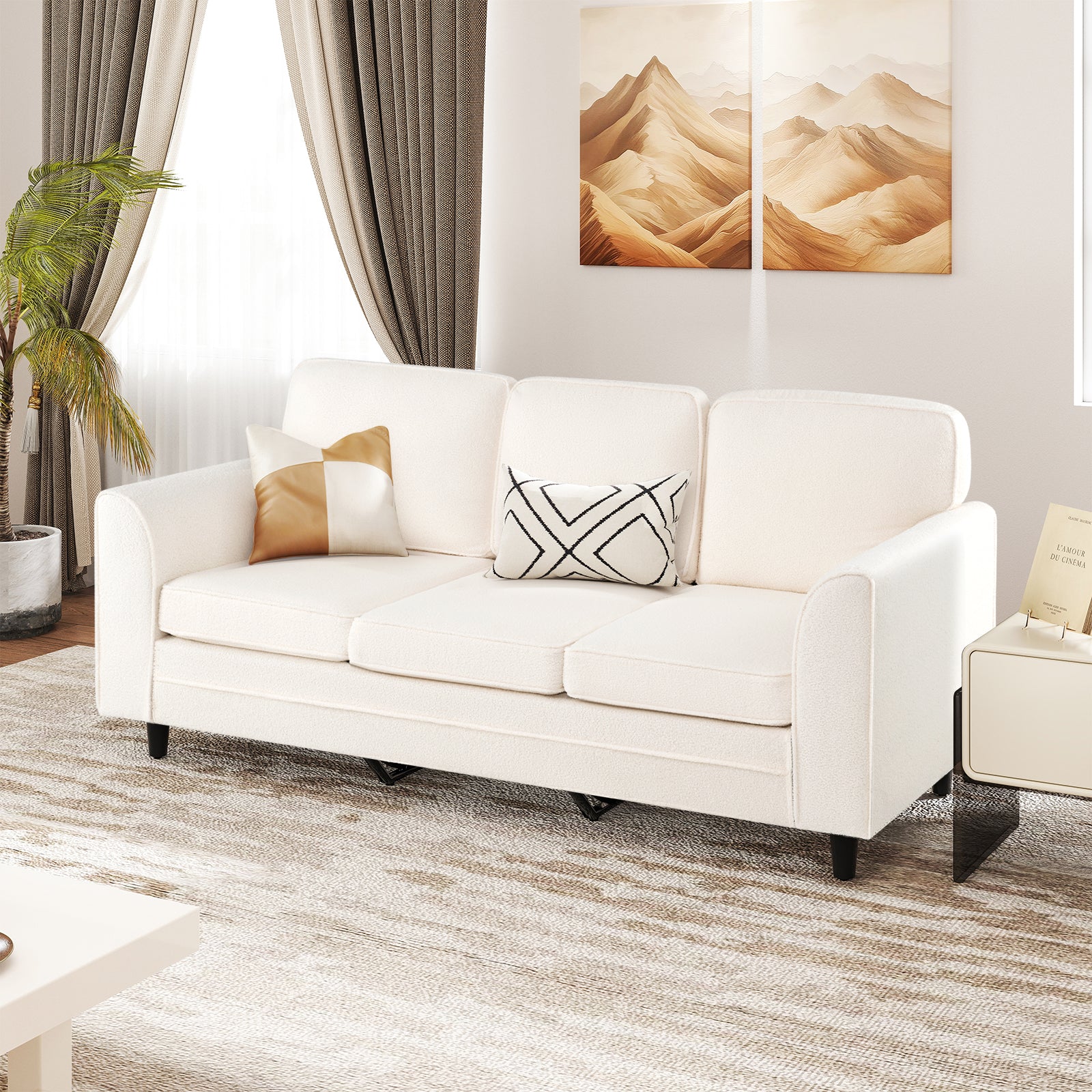 Upholstered Teddy Velvet 3-Seat Sofa with Comfy Back Pillows, White Sofas & Loveseats at Gallery Canada