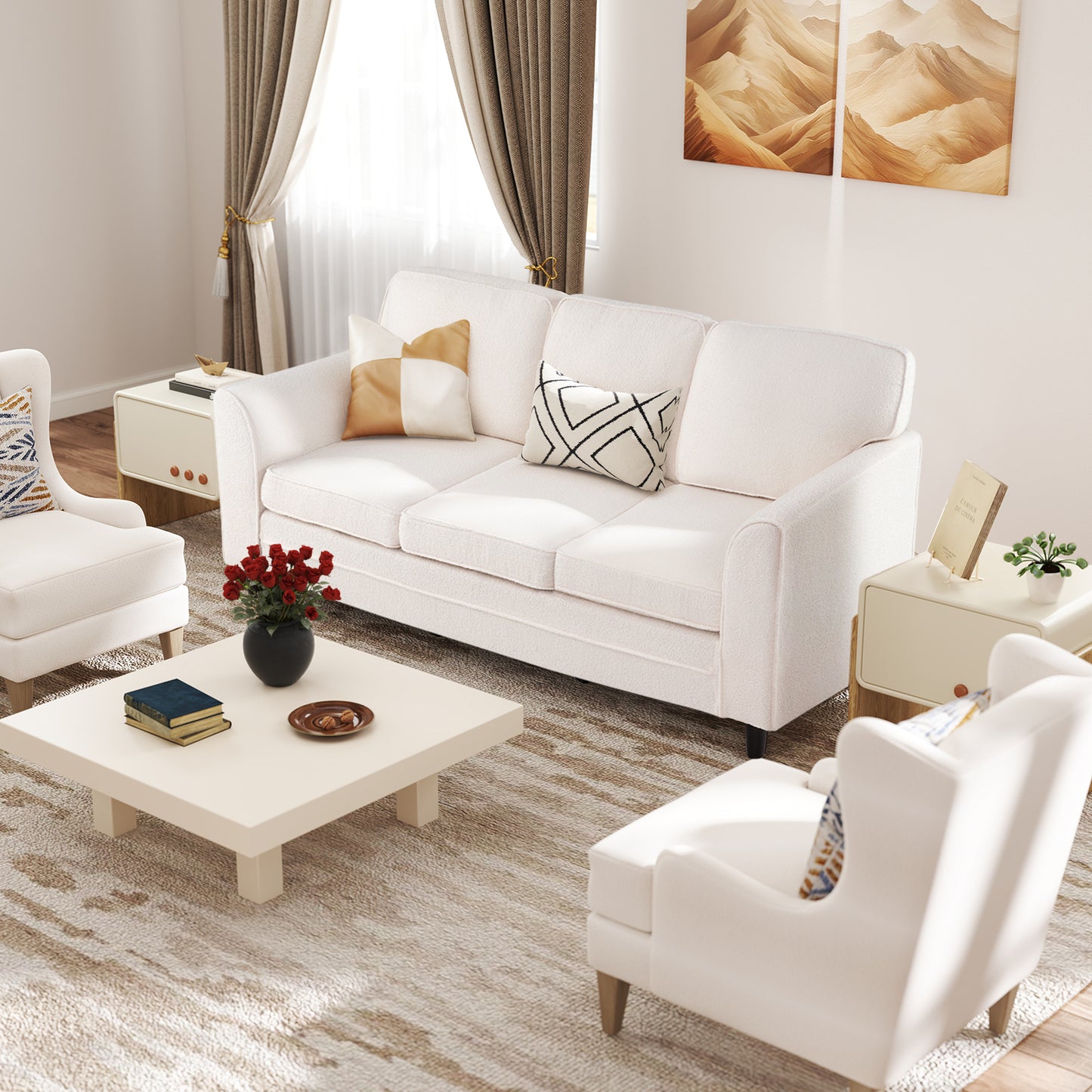 Upholstered Teddy Velvet 3-Seat Sofa with Comfy Back Pillows, White Sofas & Loveseats at Gallery Canada