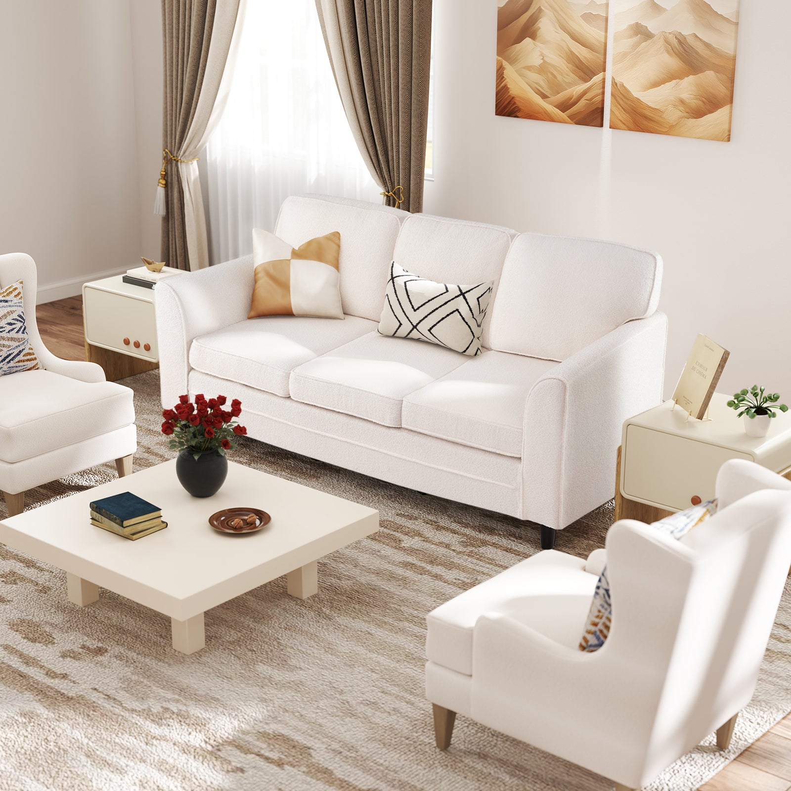 Upholstered Teddy Velvet 3-Seat Sofa with Comfy Back Pillows, White Sofas & Loveseats at Gallery Canada