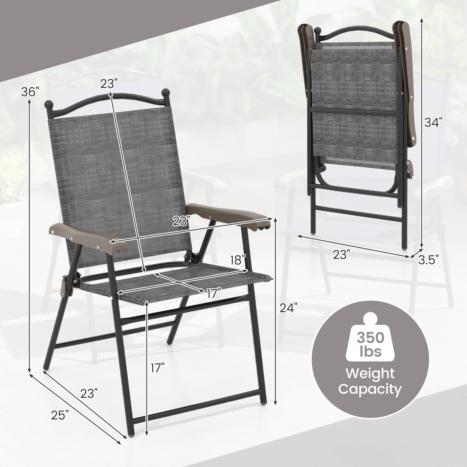 Set of 2 Patio Folding Sling Back Camping Deck Chairs, Gray Patio Dining Chairs at Gallery Canada