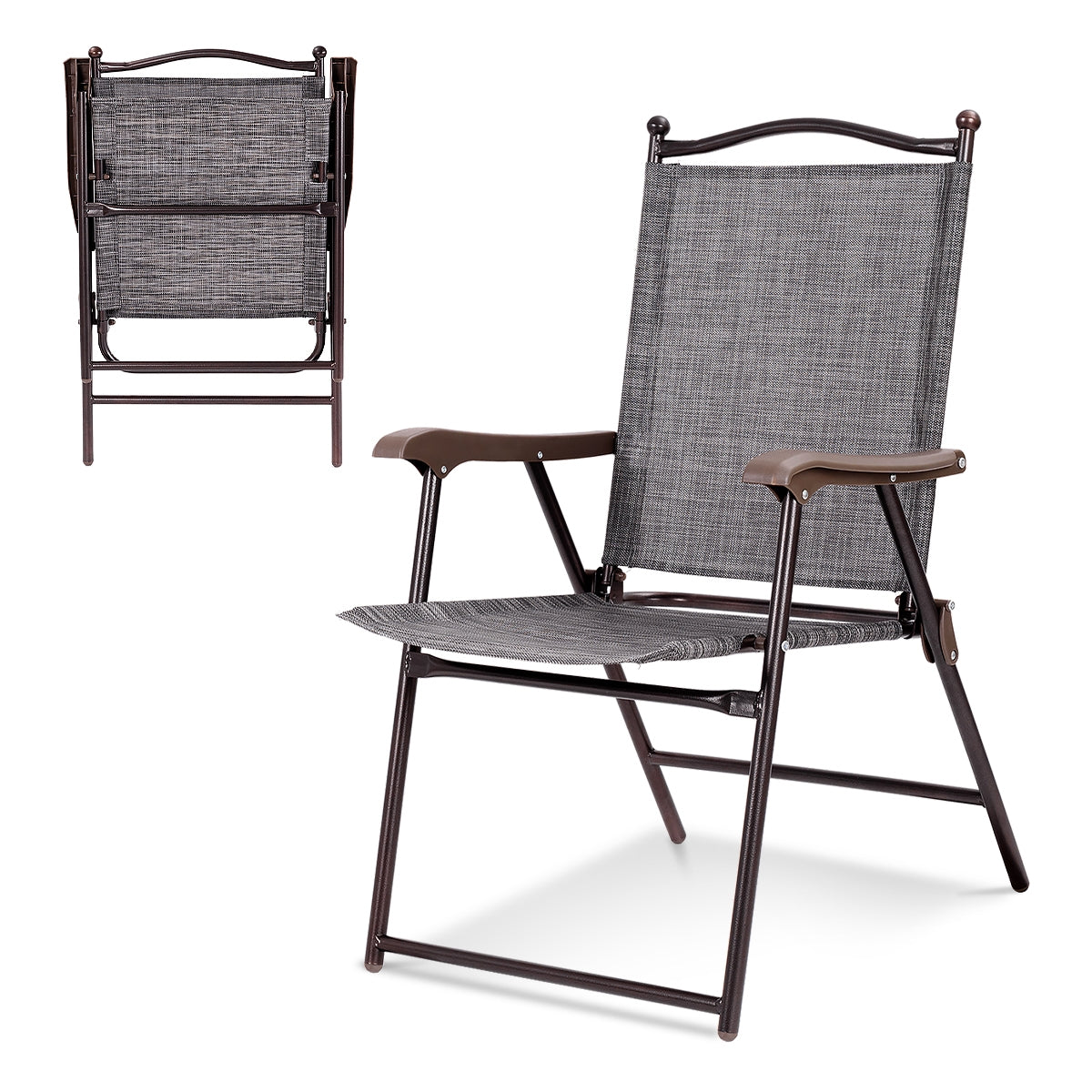 Set of 2 Patio Folding Sling Back Camping Deck Chairs, Gray Patio Dining Chairs at Gallery Canada
