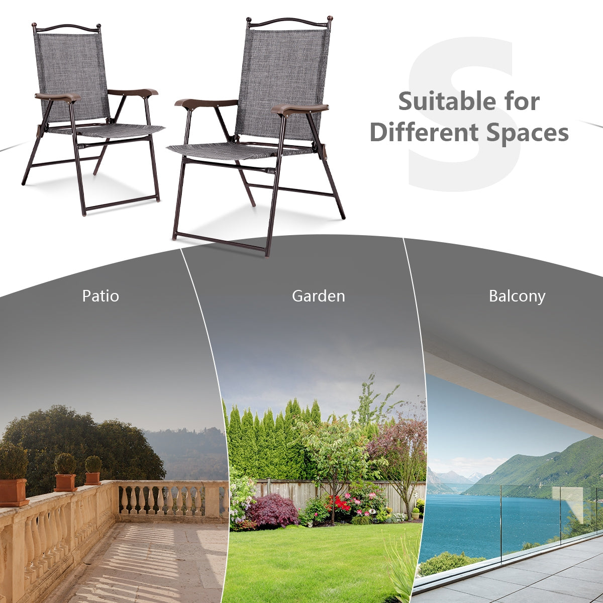 Set of 2 Patio Folding Sling Back Camping Deck Chairs, Gray Patio Dining Chairs at Gallery Canada