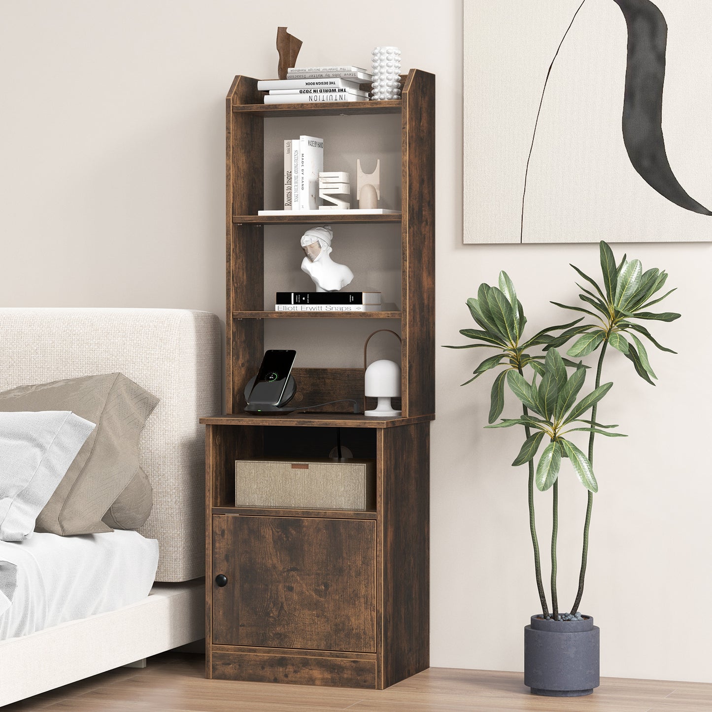 6-Tier Bookshelf Nightstand with Charging Station and Cabinet, Rustic Brown Bookcases at Gallery Canada