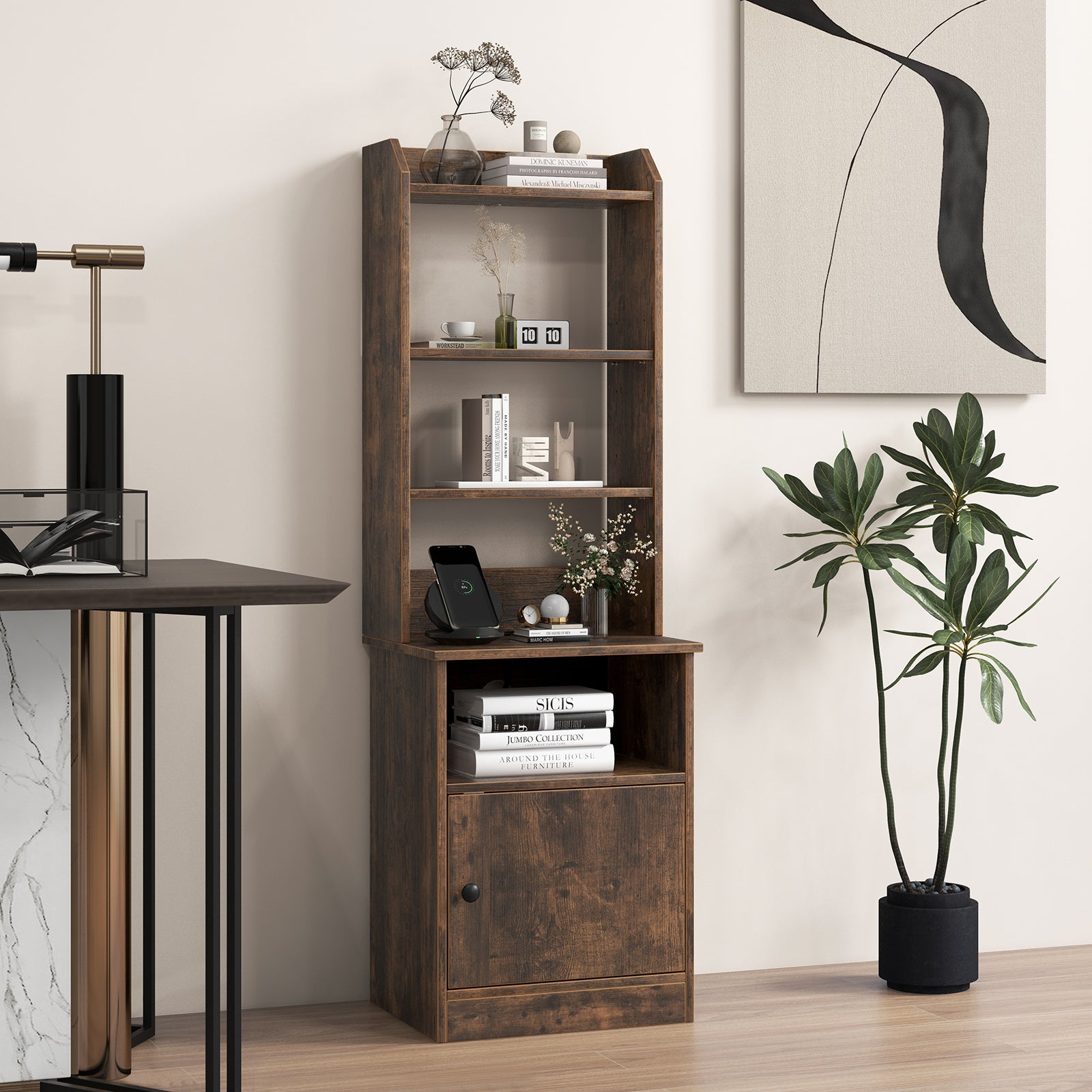 6-Tier Bookshelf Nightstand with Charging Station and Cabinet, Rustic Brown Bookcases at Gallery Canada