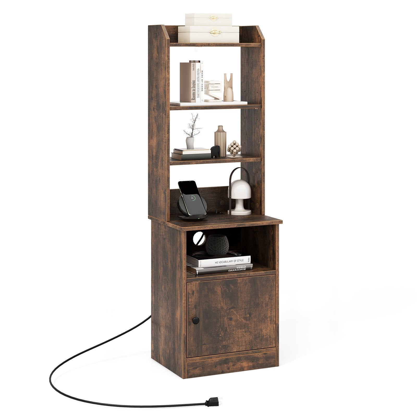 6-Tier Bookshelf Nightstand with Charging Station and Cabinet, Rustic Brown Bookcases at Gallery Canada