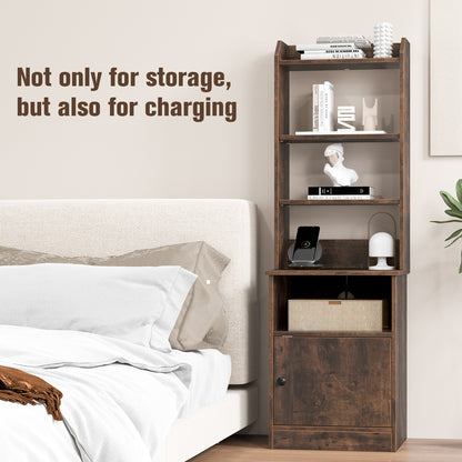 6-Tier Bookshelf Nightstand with Charging Station and Cabinet, Rustic Brown Bookcases at Gallery Canada