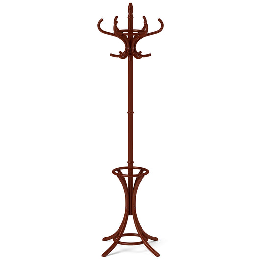 Wood Standing Hat Coat Rack With Umbrella Stand, Brown