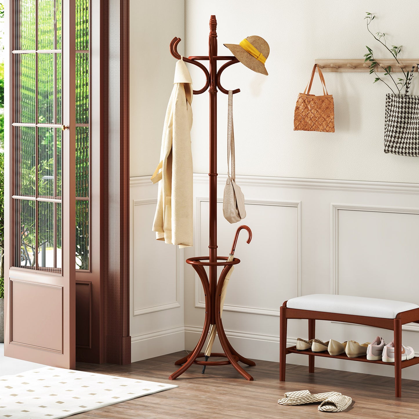 Wood Standing Hat Coat Rack with Umbrella Stand, Brown Coat Racks & Hall Trees at Gallery Canada