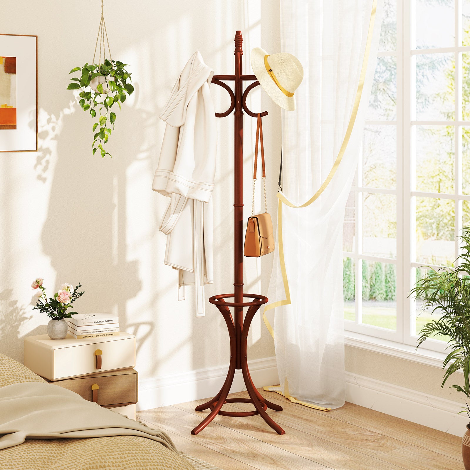 Wood Standing Hat Coat Rack with Umbrella Stand, Brown Coat Racks & Hall Trees at Gallery Canada