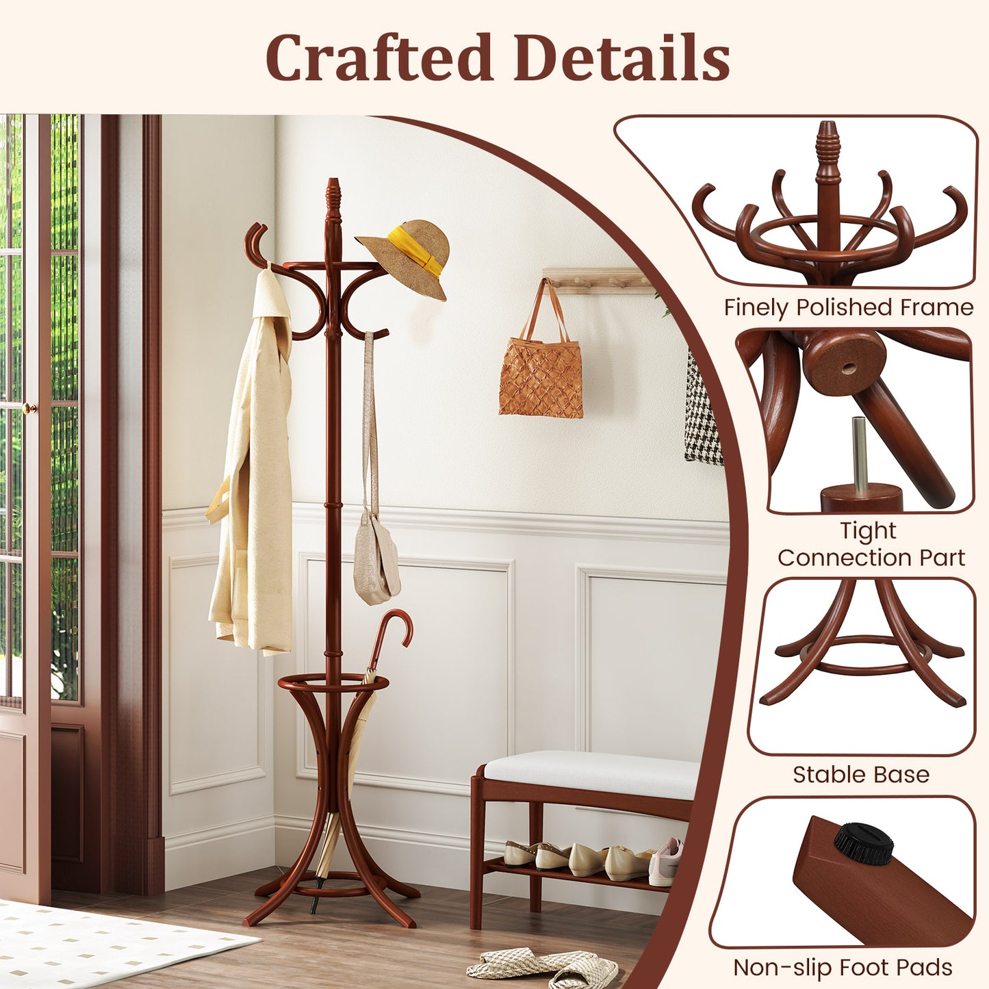 Wood Standing Hat Coat Rack with Umbrella Stand, Brown Coat Racks & Hall Trees at Gallery Canada