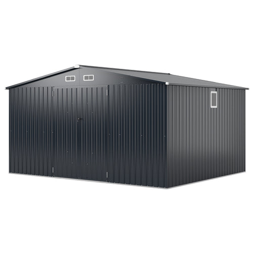 12 x 9.8 Feet Outdoor Storage Shed, Lockable Door, Pitched Roof, Gray