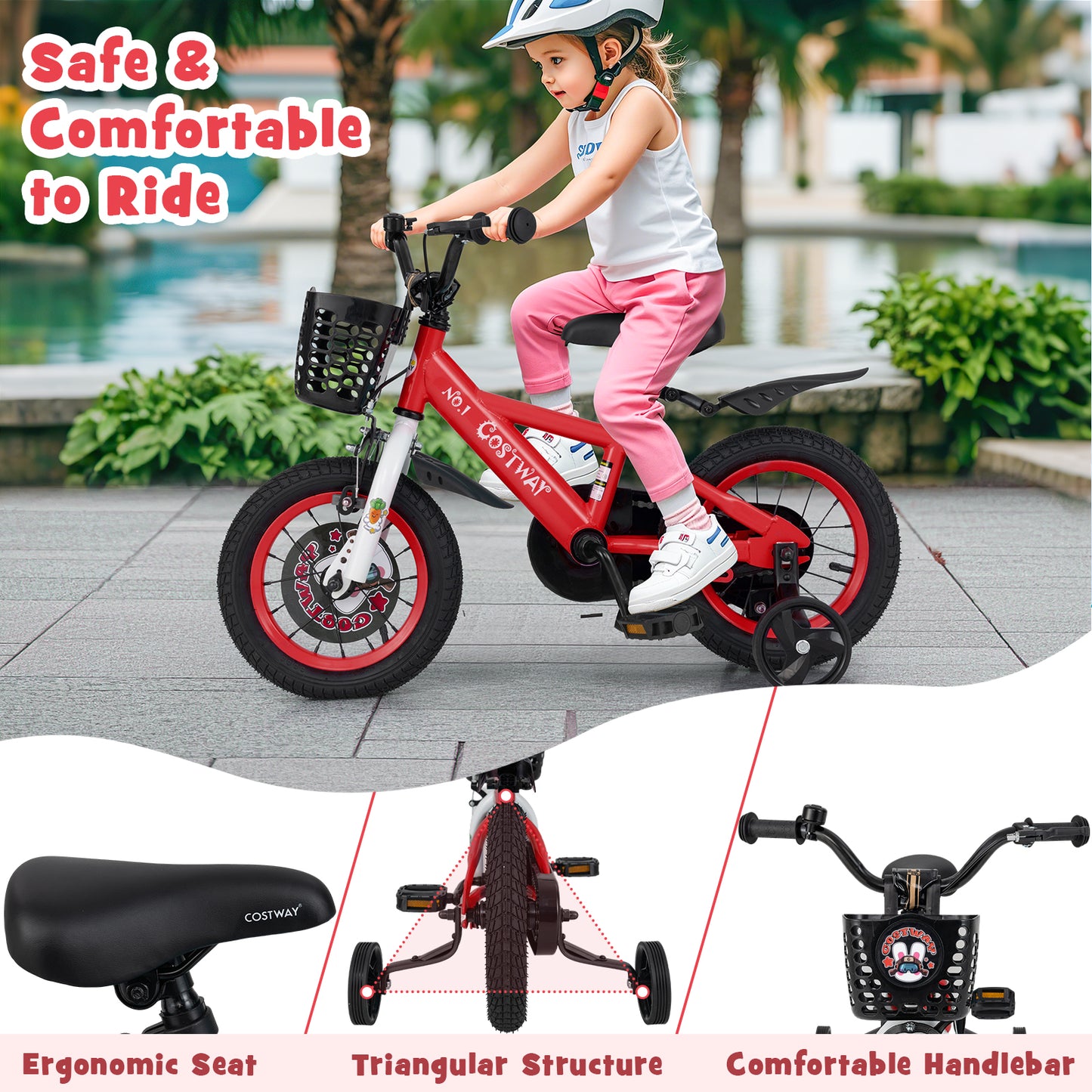 12 Inch Kids Bike Adjustable with Storage Basket and Double Brake for 3-4 Years Old-12 inches, Red Kids Bike at Gallery Canada