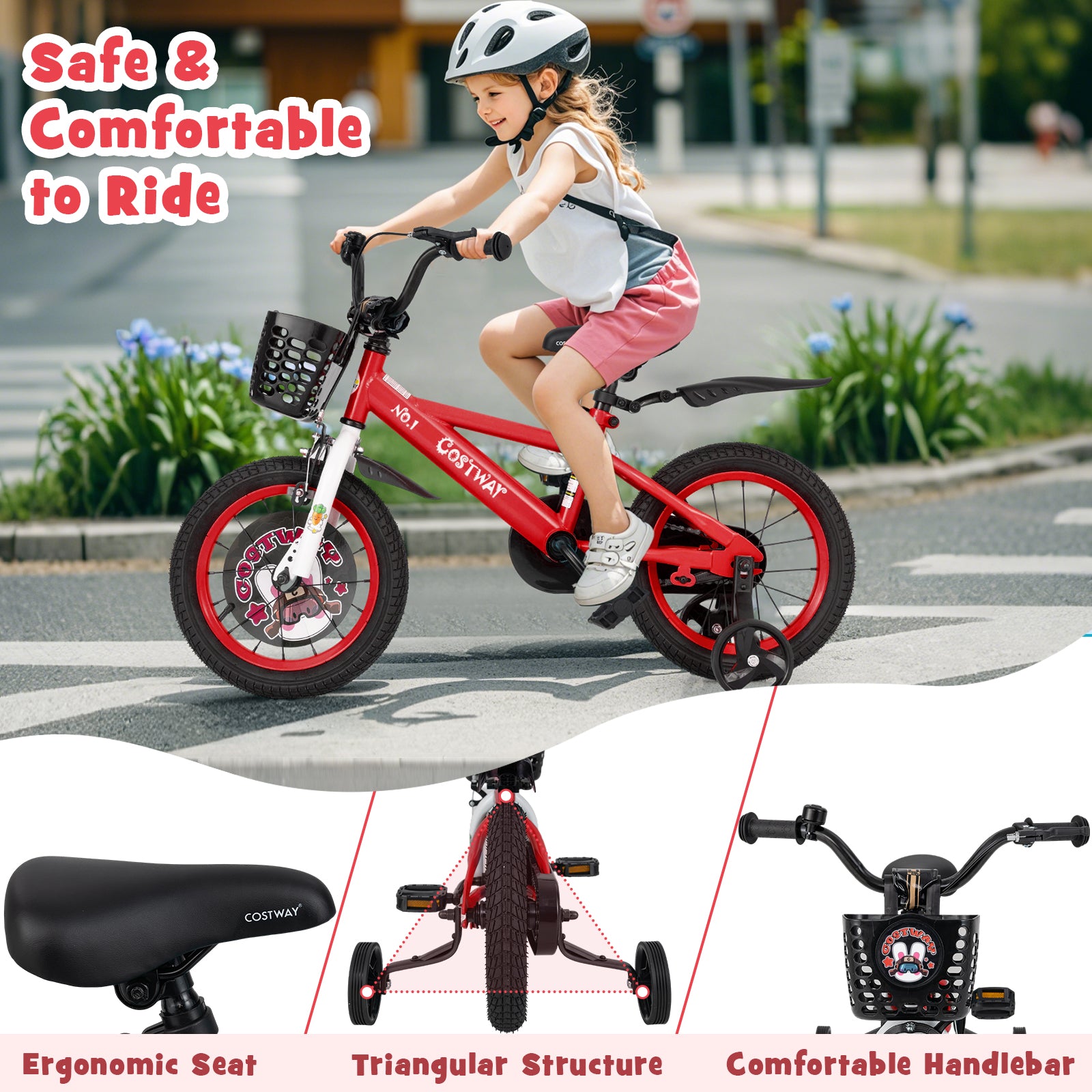 14 Inch Kids Bike Adjustable with Storage Basket and Double Brake for 3-5 Years Old-14 inches, Red Kids Bike at Gallery Canada